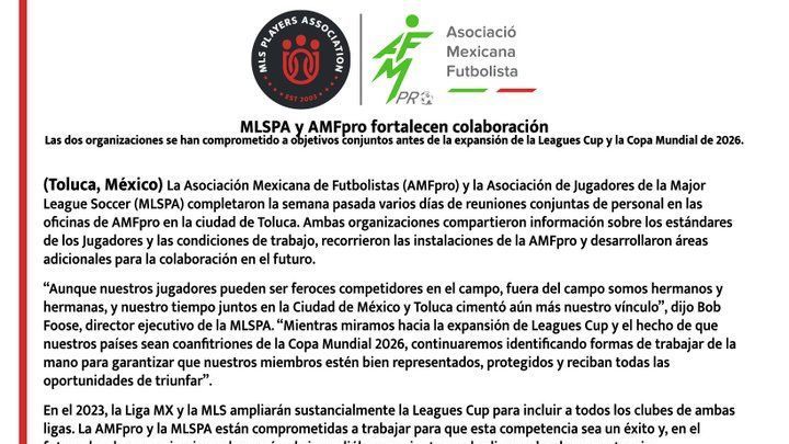 Asociaciones de jugadores de MLS y Liga MX crean alianza en busca de unificar condiciones de trabajo