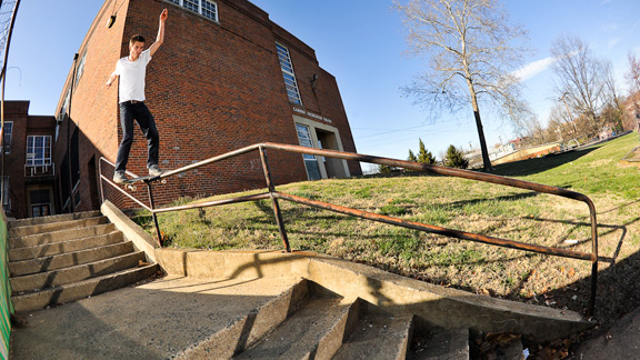 Gilbert Crockett - boardslide, Charlottesville, Va. Gilbert found this sketchy rail in Charlottesville, Va. and didn't hesitate to show it who was boss with a boardslide through the kinks.