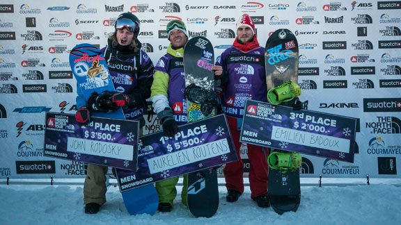 The men's snowboard podium at the FWT in Courmayeur.