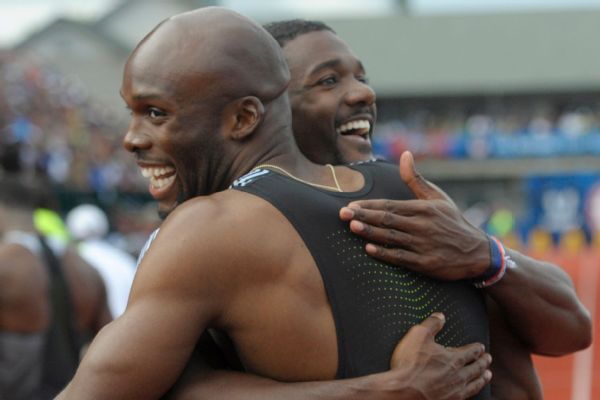 LaShawn Merritt (left) and Justin Gatlin  (right) react after competing during the men's 200m in the 2016 U.S. Olympic track and field team trials at Hayward Field in Eugene, Oregon.