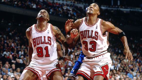 Michael Jordan and Dennis Rodman During Game 7 of the NBA Finals in 1998