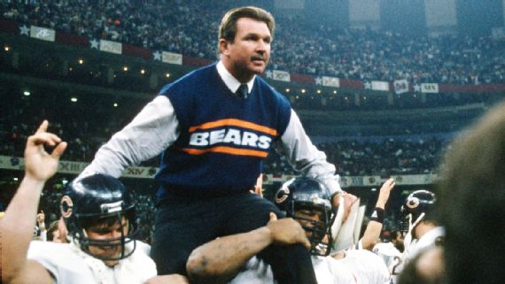Mike Ditka is carried off the field after coaching the Bears to a Super Bowl XX win over the Patriots. Focus on Sport/Getty Images