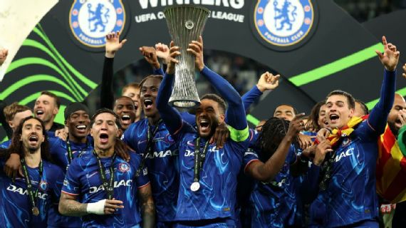 Chelsea players celebrating their​ Conference League victory in Wroclaw,Poland.