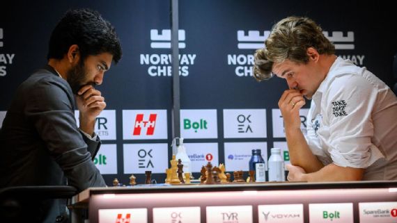 D Gukesh and Magnus Carlsen at Norway Chess 2025