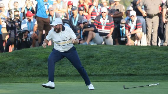 Shane Lowry celebra el putt que aseguró la Ryder Cup para Europa