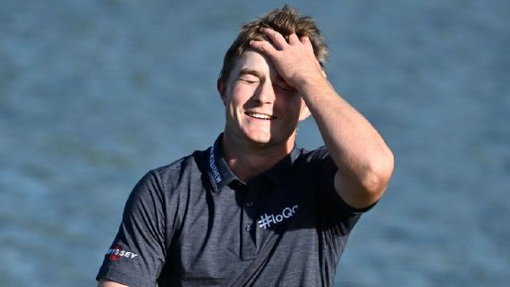 Blades Brown reacts after missing a birdie putt on the ninth hole during the second round of The American Express at Nicklaus Tournament Course on Friday.