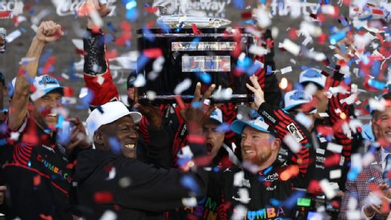 Tyler Reddick, right, celebrated winning the 2026 Daytona 500 on Sunday with his 23XI Racing team owner, Michael Jordan, left.
