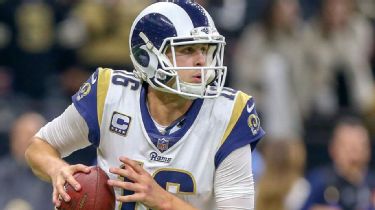 Los Angeles Rams quarterback Jared Goff wears an NFC Champions hat