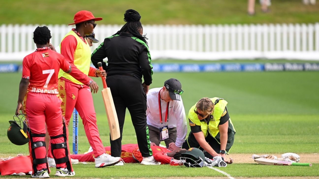 Zimbabwe batter Ndhlovu taken for scans after being hit by Illing bouncer