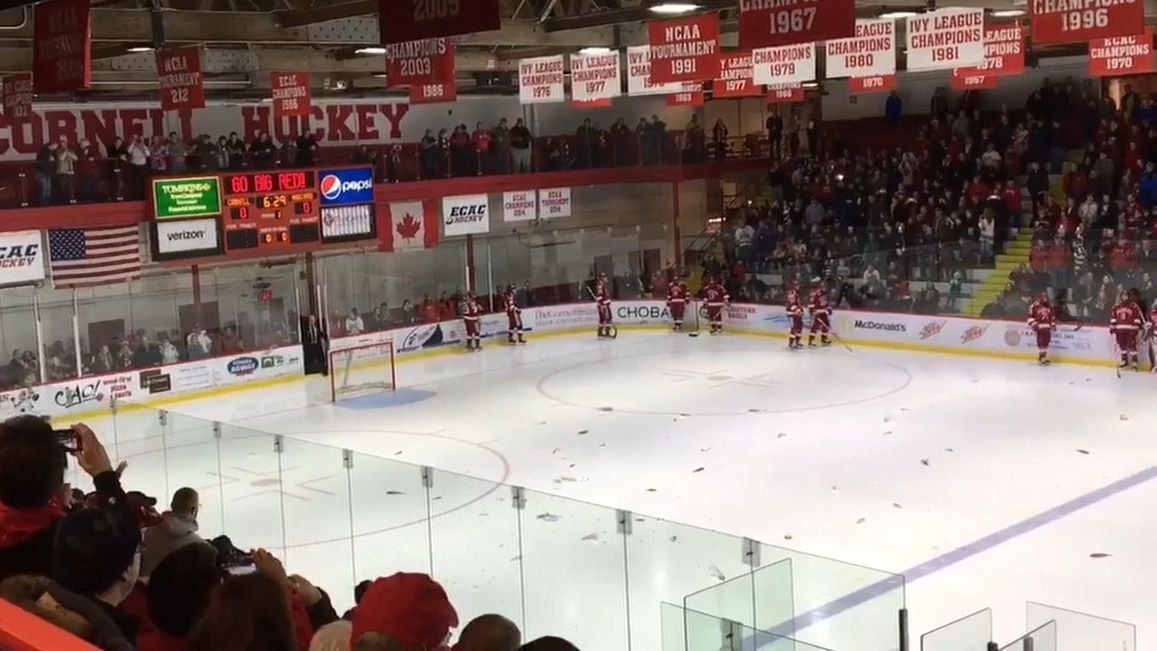 Flashback Cornell fans throw a 'school' of fish at Harvard hockey team