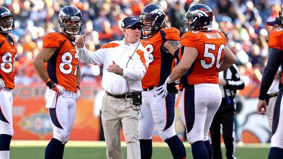 Head coach John Fox talks to Tim Tebow during the second half of