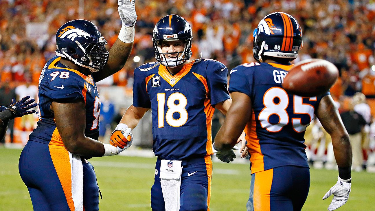 Denver Broncos Peyton Manning throws against the New England