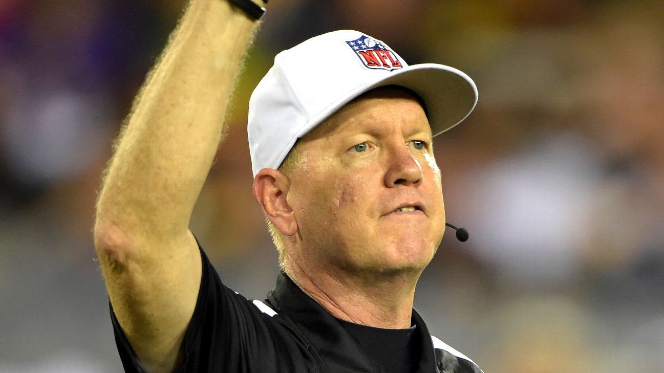 Referee Carl Cheffers makes a call during the first half of an NFL football  game between the Kansas City Chiefs and the Minnesota Vikings in Kansas  City, Mo., Sunday, Nov. 3, 2019. (