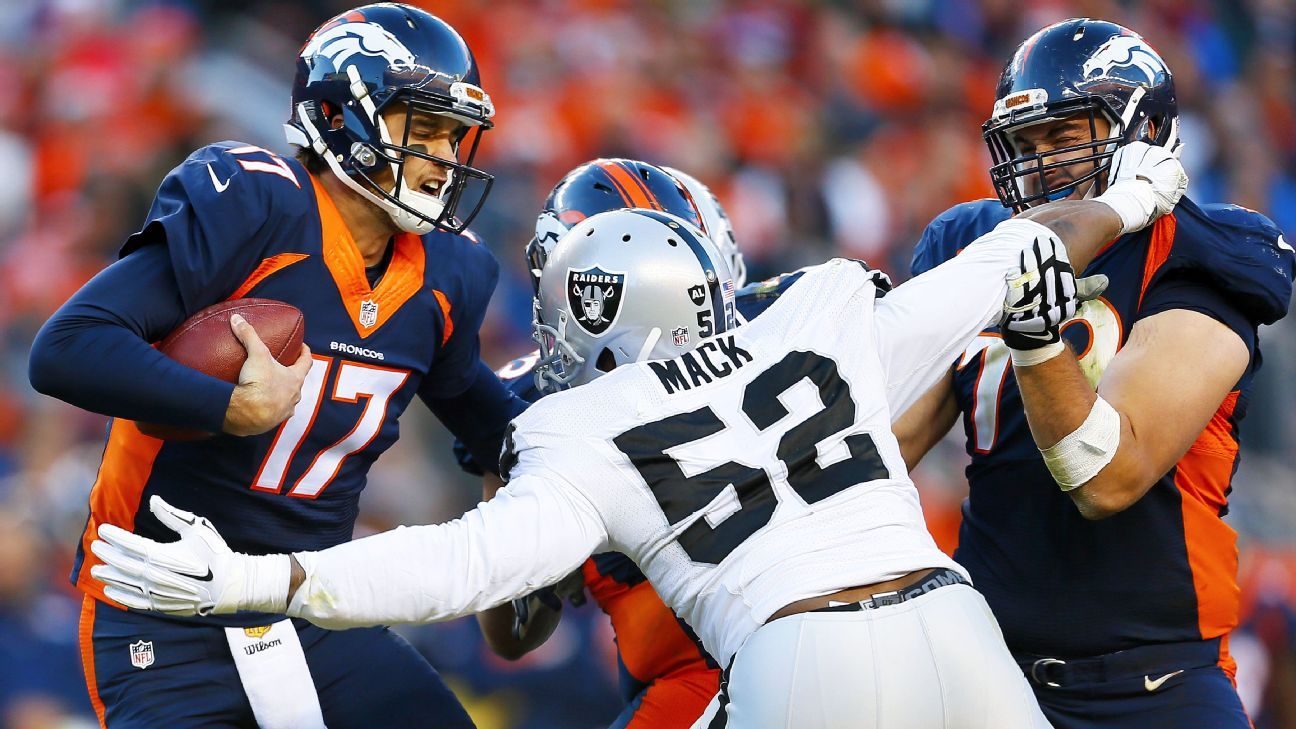 Oakland Raiders defensive end Khalil Mack during an NFL football game  against the Denver Broncos, Sunday, Jan. 1, 2017, in Denver. The Broncos  beat the Raiders 24-6. (Joe Mahoney/AP)