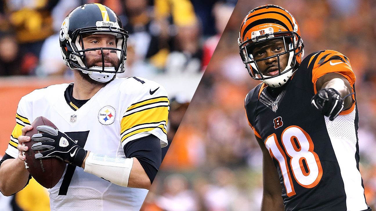 Cincinnati Bengals' Andy Dalton talks with Pittsburgh Steelers' Ben  Roethlisberger (7) before an NFL wild-card playoff football game between  the Cincinnati Bengals and the Pittsburgh Steelers, Saturday, Jan. 9, 2016,  in Cincinnati. (