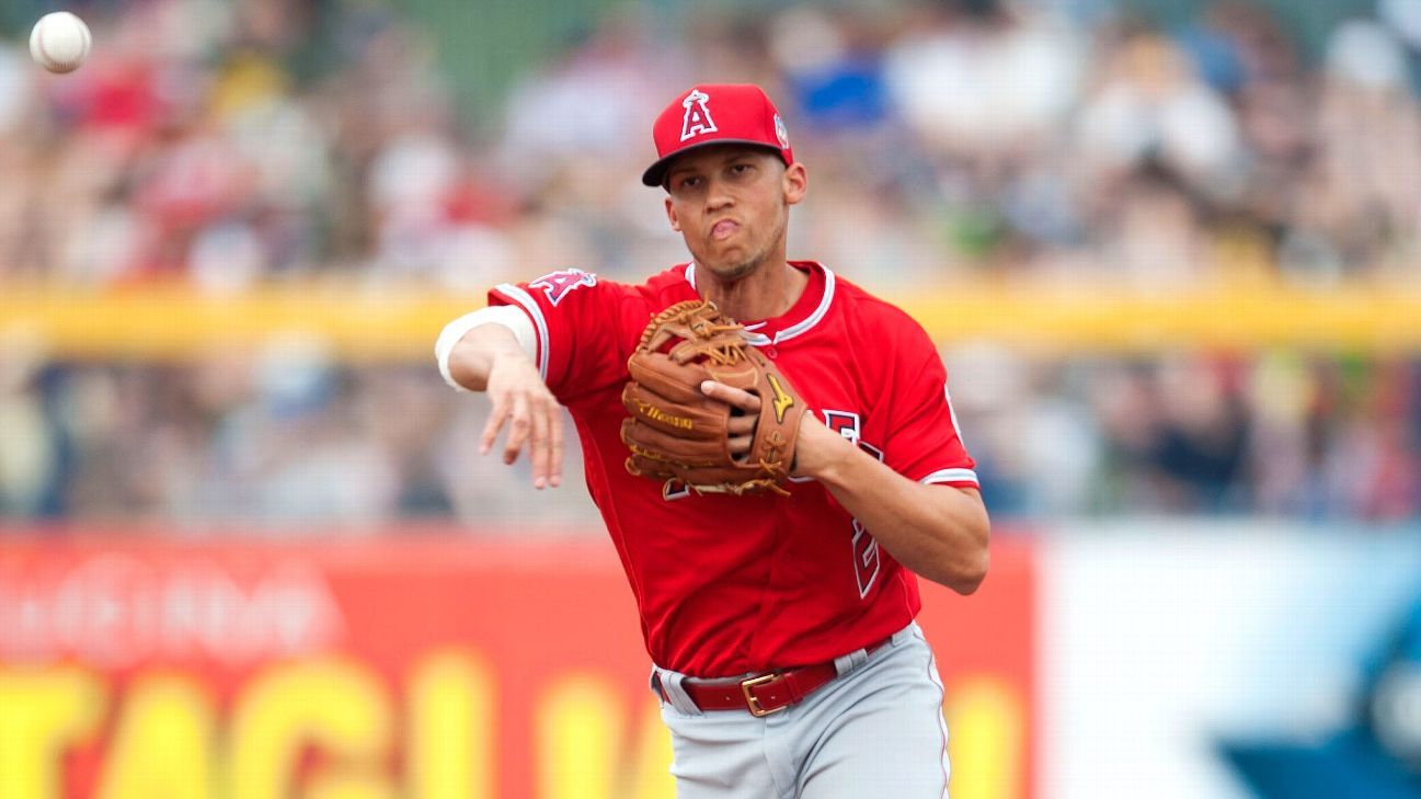 Andrelton Simmons of Los Angeles Angels exits vs. Tampa Bay Rays
