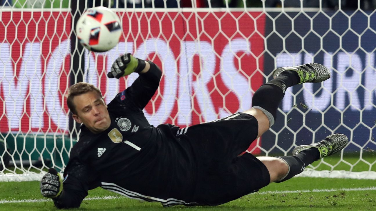 Germany goalkeeper Manuel Neuer hits himself in the face with a football