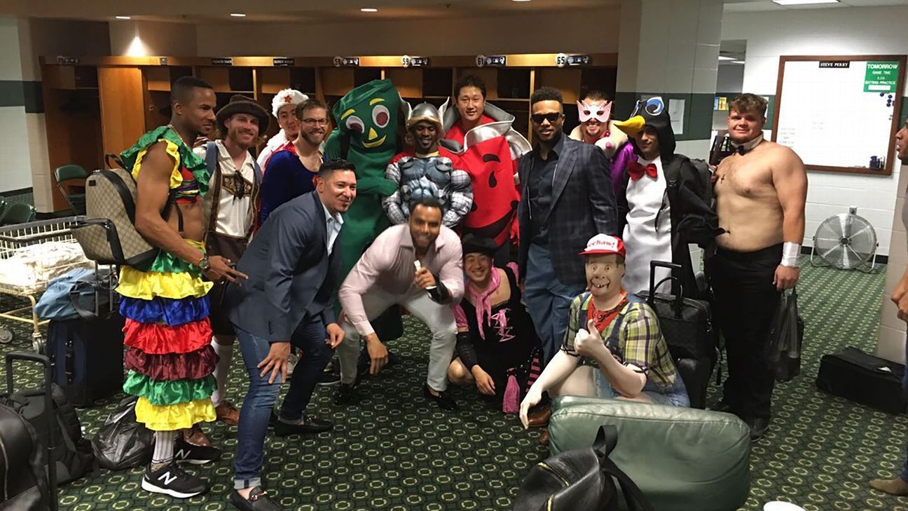 Mariners rookies traveled in costume, including the Kool-Aid Man