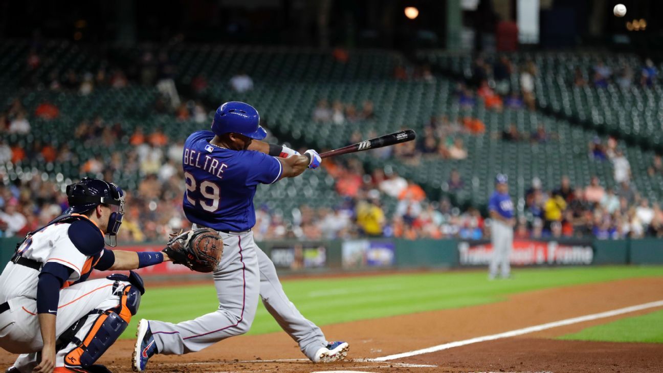 Adrian Beltre drops to a knee as he hits a homer in Game 5 of the