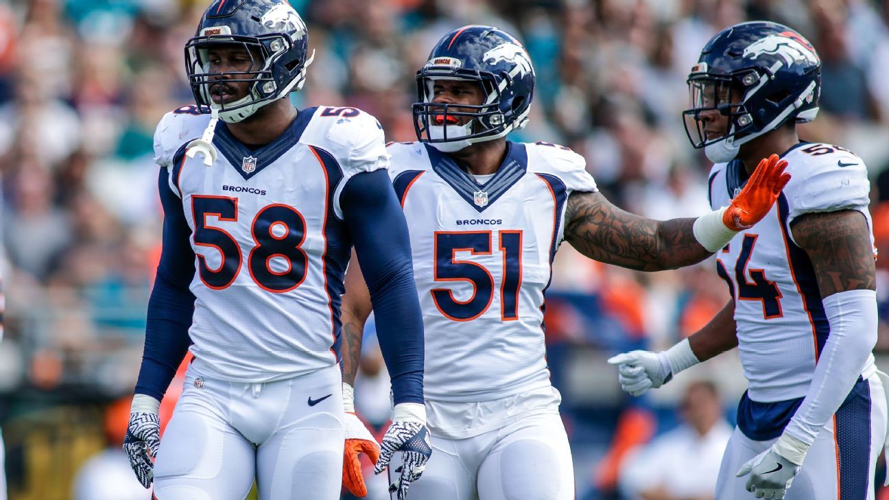 Von Miller (58) enters the field before the first half against the Tampa  Bay Buccaneers at Sports Au…