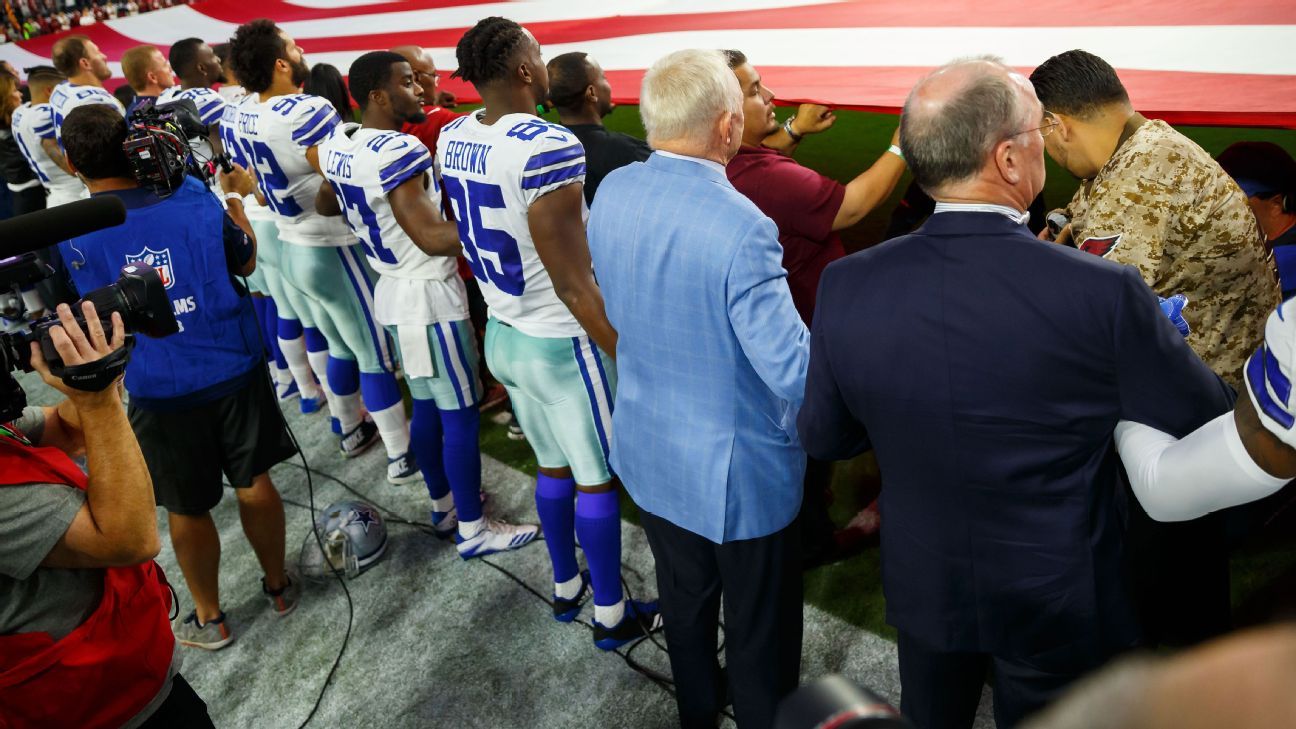 Dallas Cowboys' Jerry Jones mum on wearing hat during national anthem