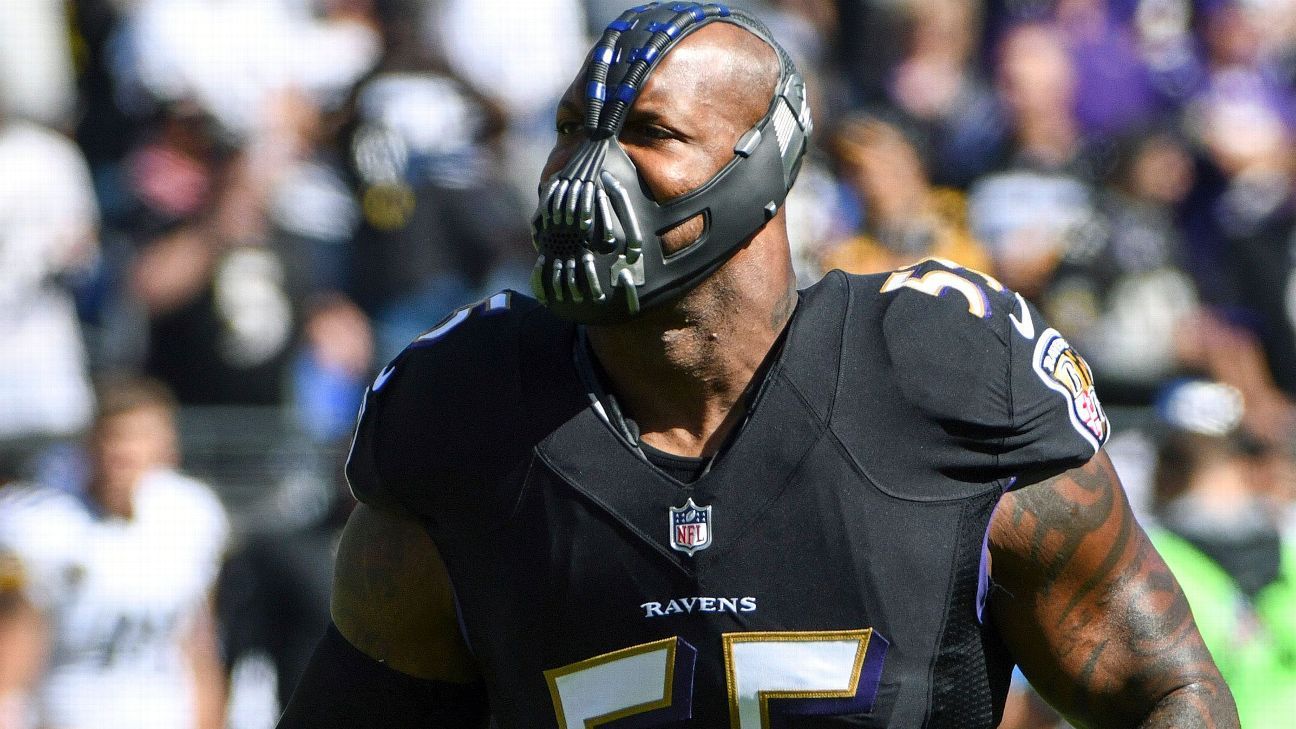 Terrell Suggs jokes NFL has bigger fish to fry than pregame Bane mask -  ESPN - Baltimore Ravens Blog- ESPN