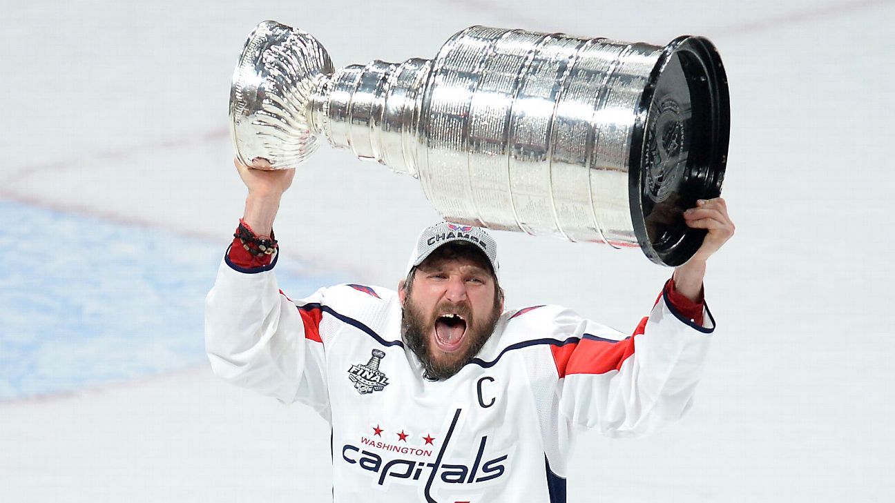 Alex Ovechkin receives mini trophies for winning Stanley Cup and