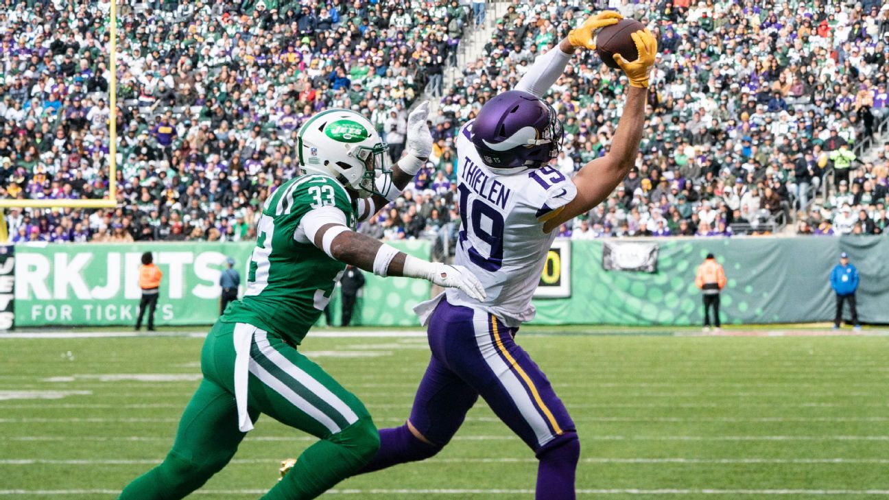 Minnesota Vikings' wide receiver Adam Thielen throws the ball during  warm-up before during the International Series NFL match at Twickenham,  London. PRESS ASSOCIATION Photo. Picture date: Sunday October 29, 2017. See  PA