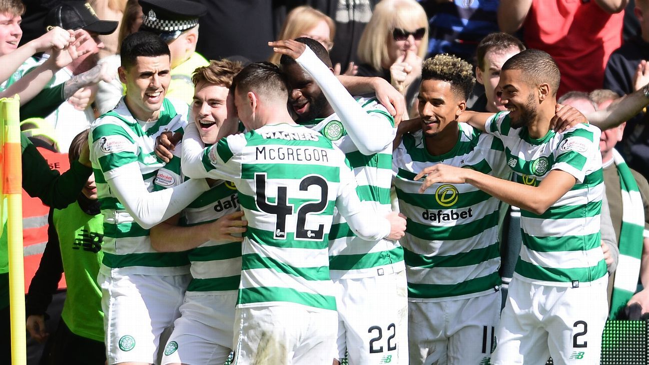 Celtic wins league in Scotland for 2nd part of treble bid