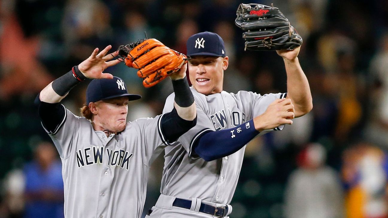 Aaron Judge of the New York Yankees and Clint Frazier and Greg