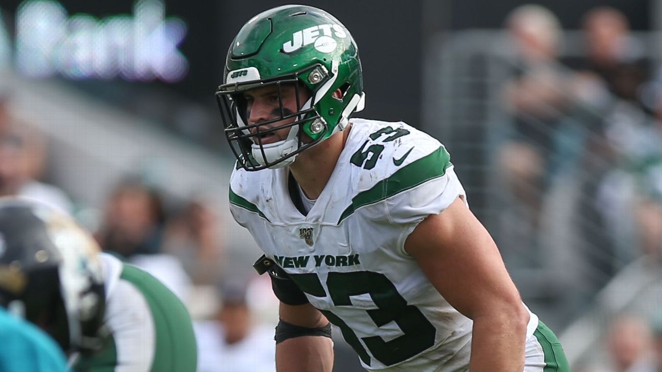 EAST RUTHERFORD, NJ - AUGUST 27: New York Jets linebacker Blake Cashman  (53) prior to the National Football League preseason game between the New  York Jets and the Philadelphia Eagles on August