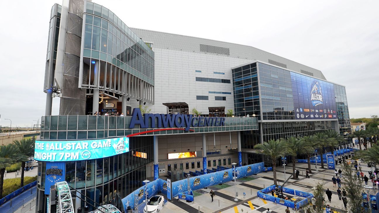 The hallway outside the Orlando Magic locker room at Amway Center as the  NBA season remains on hold amid the coronavirus pandemic. The team has  reopened its practice facility for voluntary individual