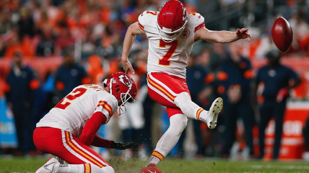 Harrison Butker of the Kansas City Chiefs warms up before Super Bowl