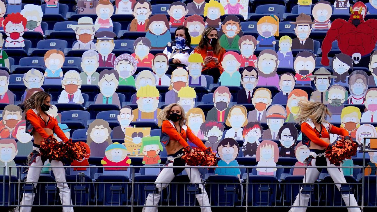 DENVER, CO - JANUARY 03: Cutouts of South Park cartoon characters are on  display in the south stands in a general view during a game between the  Denver Broncos and the Las