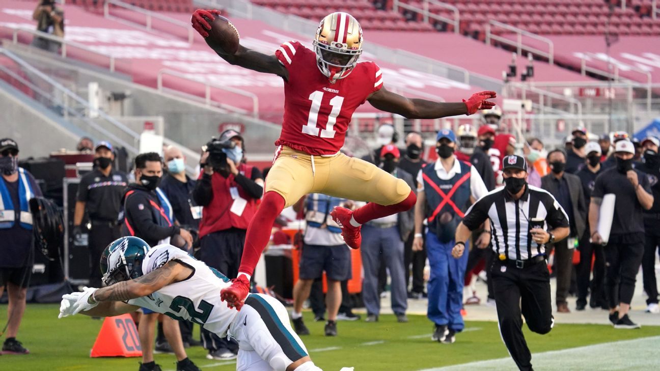 49ers rookie Brandon Aiyuk hurdles into the end zone vs. Eagles ESPN