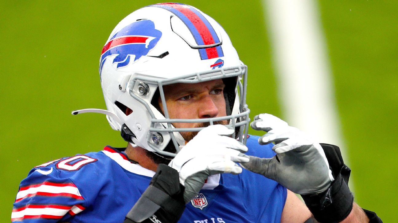 Buffalo Bills center Mitch Morse (60) walks of the field after an NFL  football game against the New York Jets on Monday, Sept. 11, 2023, in East  Rutherford, N.J. (AP Photo/Rusty Jones