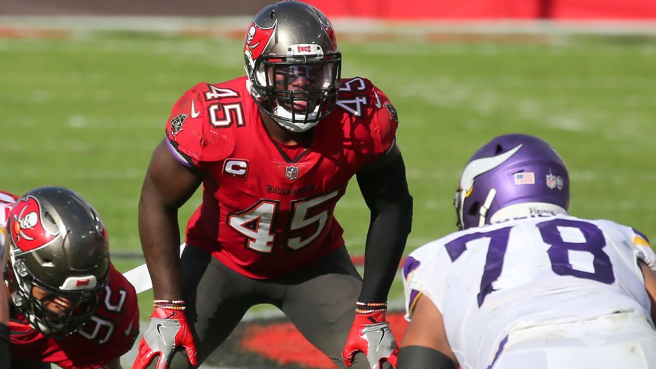 The Tampa Bay Buccaneers will not have Devin White, Shaq Barrett and Steve McLendon on Sunday