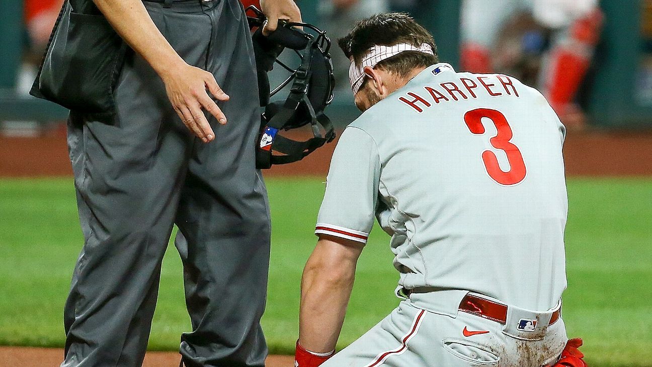 Philadelphia Phillies' Bryce Harper gives Andrew McCutchen a hat