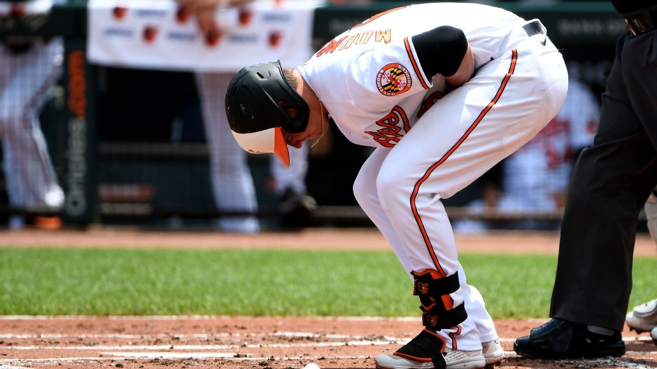 Baltimore Orioles' Ryan Mountcastle leaves with arm injury after hit by