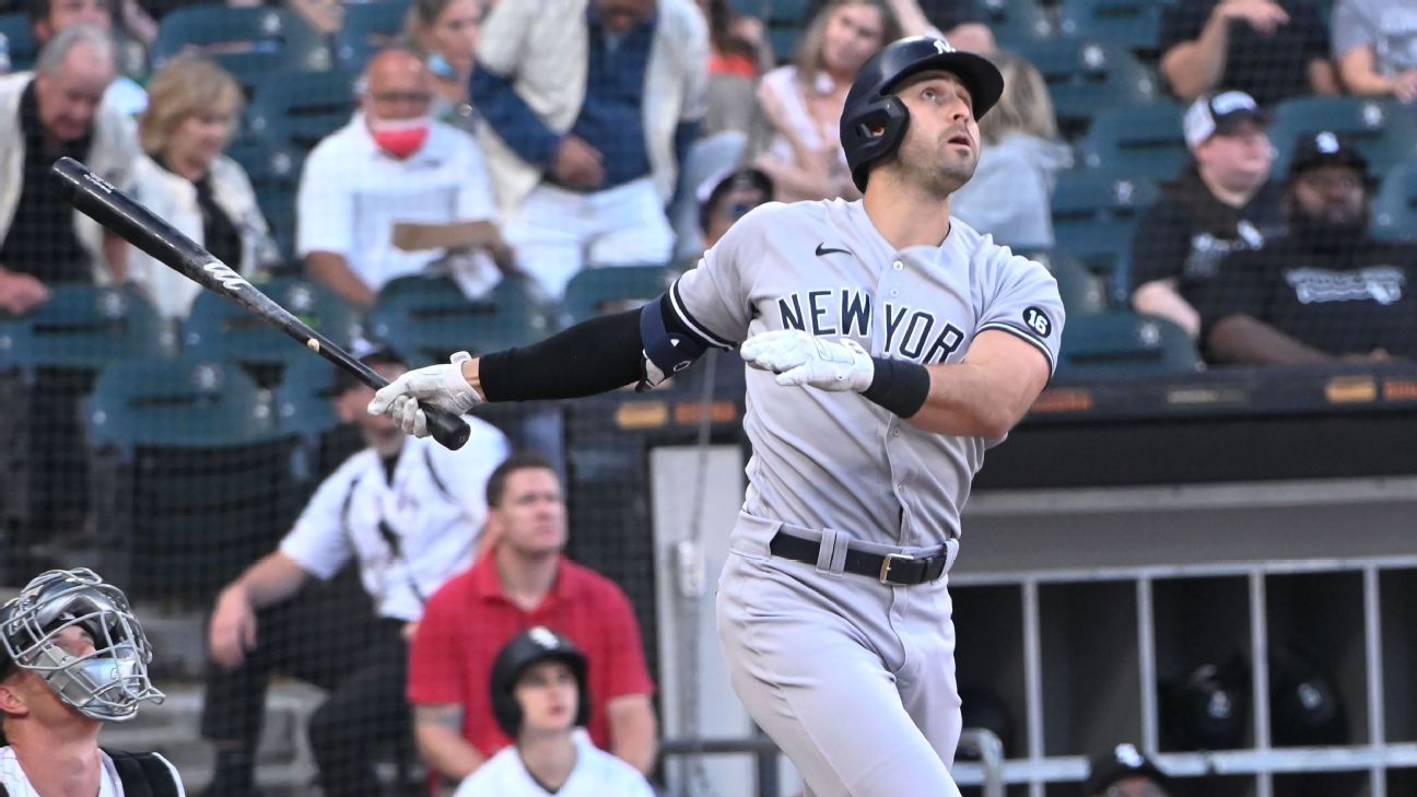 New York Yankees' Joey Gallo bats during the first inning of a