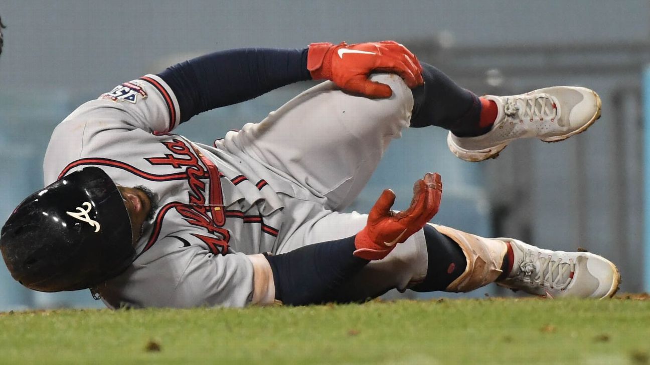 Ozzie Albies commits a foul on the knee, but the Atlanta Braves say X-rays are negative