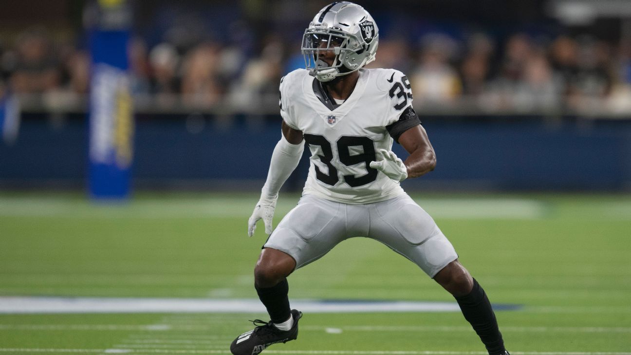 Las Vegas Raiders cornerback Nate Hobbs (39) runs during an NFL