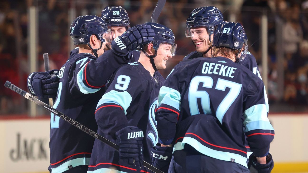 Ryan Donato of the Seattle Kraken scores the game-winning shootout