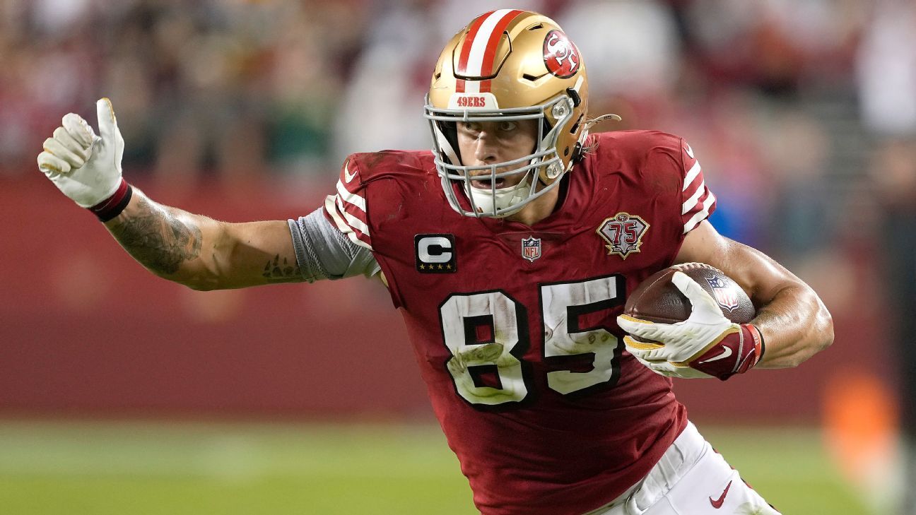 San Francisco 49ers tight end George Kittle (85) makes a catch during an  NFL football game against the Seattle Seahawks, Sunday, Oct. 3, 2021 in  Santa Clara, Calif. (AP Photo/Lachlan Cunningham Stock