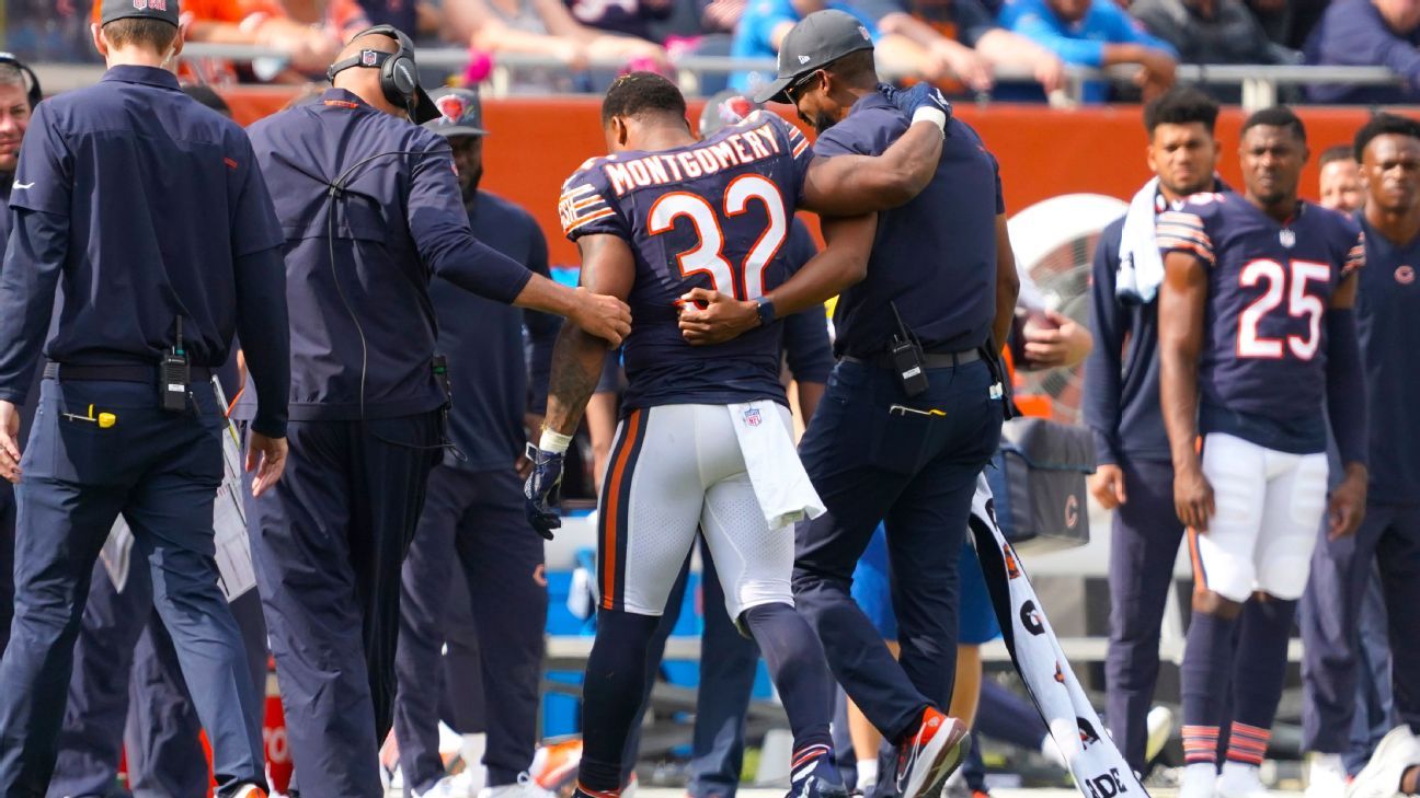 Chicago Bears running back David Montgomery helped off with knee injury