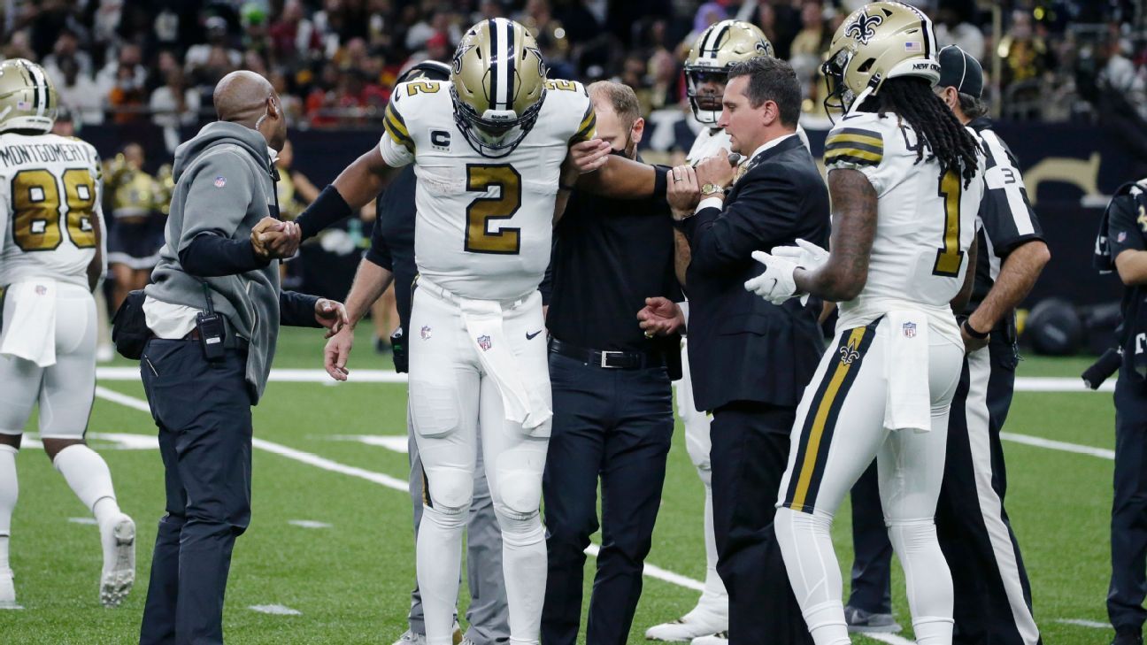New Orleans Saints QB Jameis Winston carted off with injured knee after horse-collar tackle