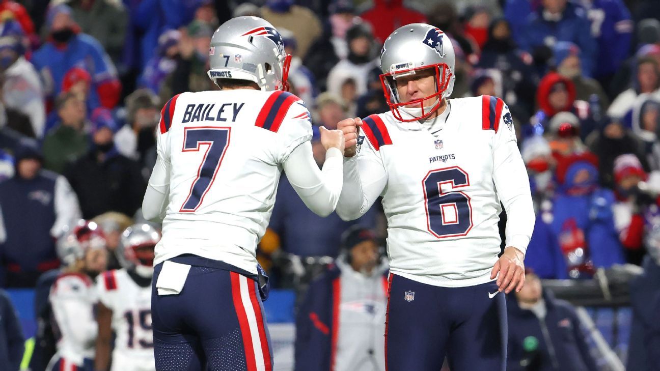 New England Patriots place kicker Nick Folk (6) on the sideline during the  second half of an NFL football game against the Detroit Lions, Sunday, Oct.  9, 2022, in Foxborough, Mass. (AP