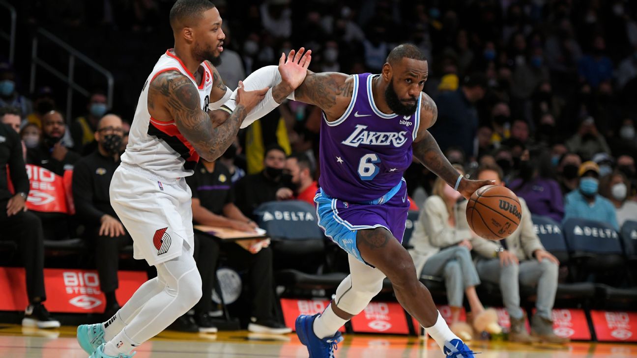 LeBron James dari Los Angeles Lakers mencetak 43 gol terbanyak musim ini dalam kemenangan atas Blazers.