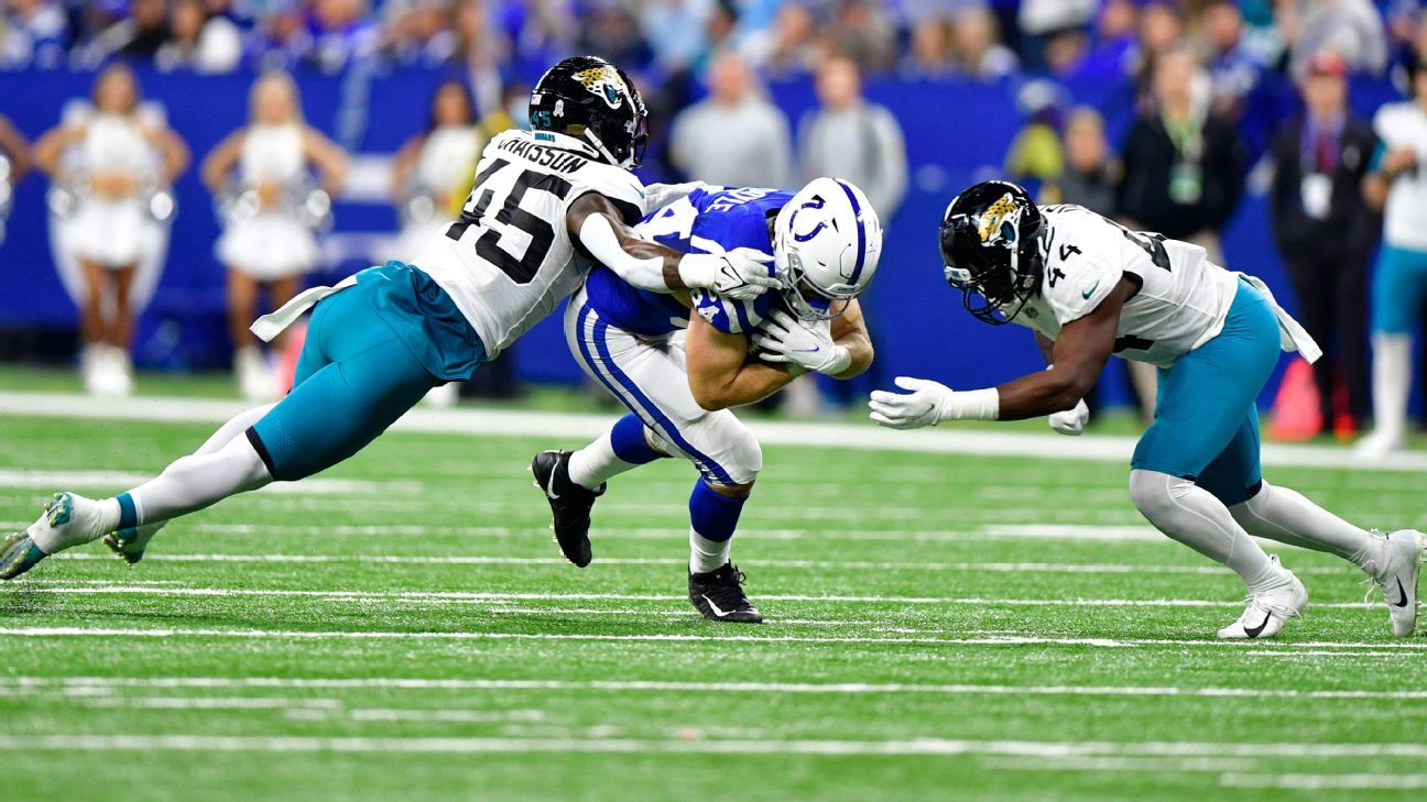 Jacksonville Jaguars linebacker Myles Jack (44) drops in coverage as he  flows toward the play during