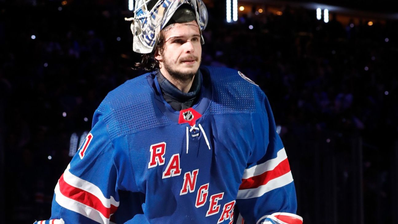 Igor Shesterkin of the New York Rangers looks on during during the